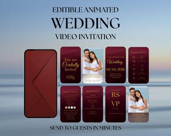 Animated Wedding Video Invitation Burgundy Wine Gold | Editable Canva Template | Send via WhatsApp Instagram | Instant Download