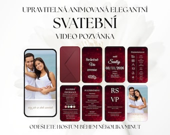 Červená svatební pozvánka, Upravitelná animovaná svatební pozvánka Canva, luxusní vínové digitální oznámení, elegantní RSVP MP4 invitation