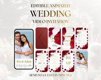 Animated Red Rose Wedding Invitation Video, Editable Canva Template, Luxury Digital RSVP, Elegant Mobile Save The Date