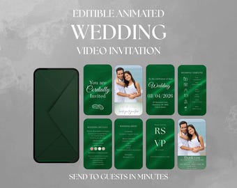 Animated Wedding Video Invitation Emerald Green | Editable Canva Template | Send via WhatsApp Instagram | Elegant | Instant Download