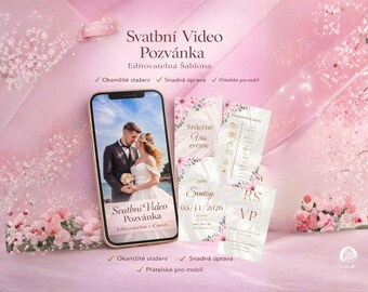Editovatelná ANIMOVANÁ SVATEBNÍ VIDEO pozvánka/ Okamžité stažení / Canva šablona / Moderní digitální oznámení