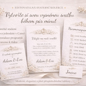 Könnte beinhalten: Hochzeitseinladungs-Set mit Blumen- und Ringdesigns. Enthält Einladung, Zeitplan und Namenskarten. Der Text lautet "Adam & Eva" und "Vytvořte si svou vysněnou svatbu během pár minut".