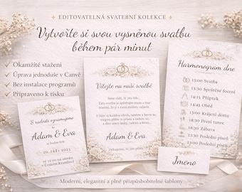 Sada svatebních tiskovin / Svatební oznámení, Harmonogram, Jmenovky, Uvítací cedule / Digitální šablona k tisku / Jemný květinový design