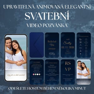 May include: A digital wedding invitation template set featuring a dark blue background with gold text. The design includes multiple vertical panels displaying event details, a photo placeholder of a couple, a schedule, menu, and RSVP information.