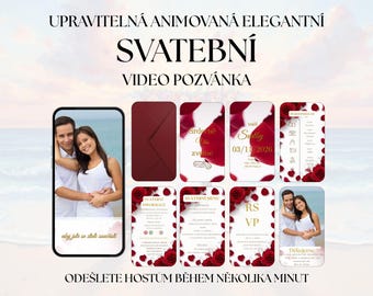 Animovaná svatební videopozvánka s růžemi, Canva šablona, editovatelné RSVP, digitální pozvánka do mobilního telefonu, svatební oznámení