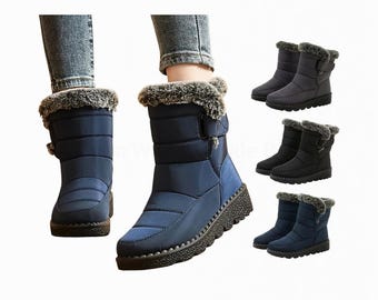 Women's Waterproof Fur-Lined Ankle Boots – Low Wedge Snow Shoes (Hook-and-Loop Closure)