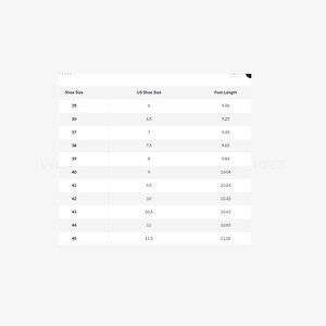 May include: A white chart showing shoe sizes, US shoe sizes, and foot lengths. The chart lists sizes 35 to 45, with US sizes from 6 to 11.5, and foot lengths from 23.01 to 28.00 cm.