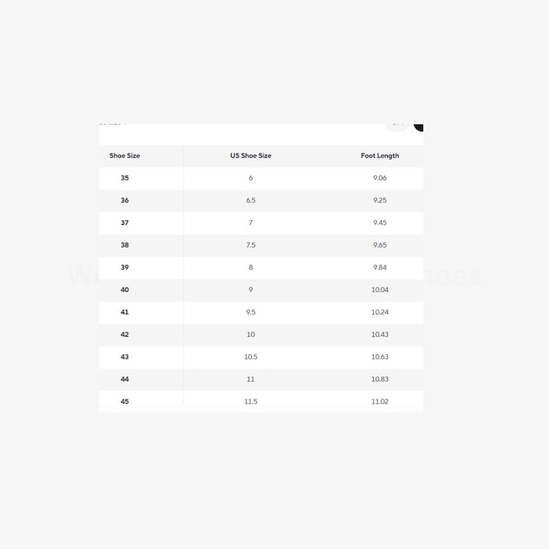May include: A white chart showing shoe sizes, US shoe sizes, and foot lengths. The chart lists sizes 35 to 45, with US sizes from 6 to 11.5, and foot lengths from 23.01 to 28.00 cm.
