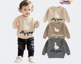 Toddler Baby Goose Sweater, Animal Letter Embroidered Crewneck Pullover, Chunky Knit Long Sleeve Top