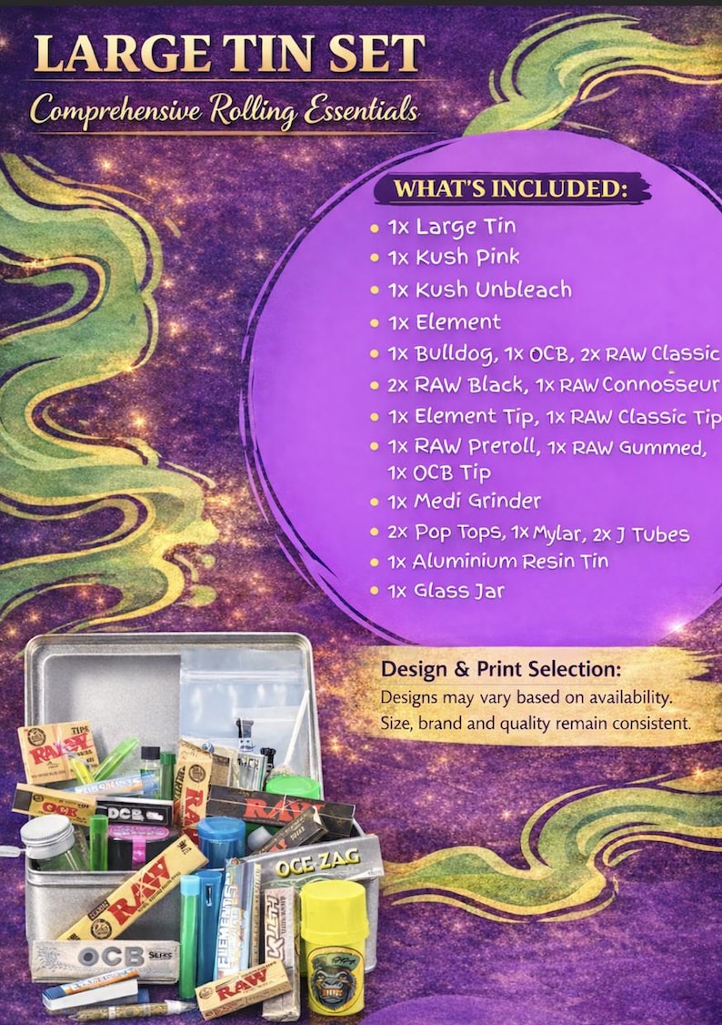 Puede incluir: Un juego de latas grande con elementos esenciales para liar, que incluye papeles, boquillas, un molinillo y un tarro de cristal. El juego incluye varias marcas y tipos de papeles de liar y accesorios. El fondo es un dise&ntilde;o morado y dorado.