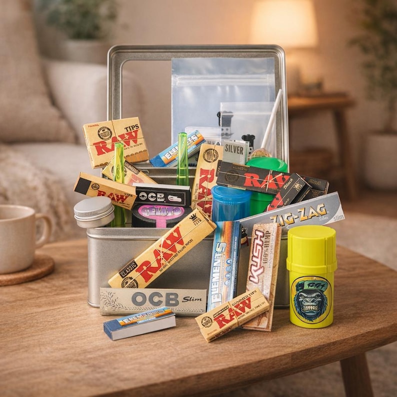 Puede incluir: Una caja met&aacute;lica abierta llena de accesorios para fumar, como papel de liar y filtros. Se ven varios productos de diferentes marcas, as&iacute; como un recipiente amarillo con un dise&ntilde;o.