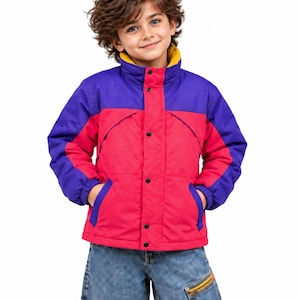 May include: A colour-blocked puffer jacket featuring a vibrant pink main body, purple sleeves and upper chest panel, and a mustard yellow inner collar. The jacket includes a front snap-button closure, two side pockets, and elasticated sleeve cuffs.