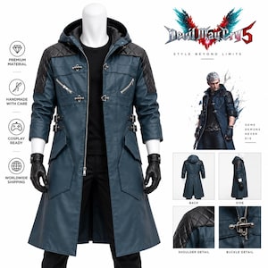 May include: A blue long coat with a hood, featuring black quilted shoulder panels, silver-tone metal toggle closures, and side buckles. The coat displays the Devil May Cry 5 logo and text, with additional views showing back, side, and detail shots.