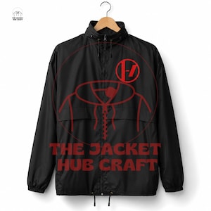 May include: A black windbreaker jacket with a high collar, a full-length front zip, and long sleeves. The jacket features a red circular logo with a stylised symbol and the text THE JACKET HUB CRAFT printed in red across the front chest area.