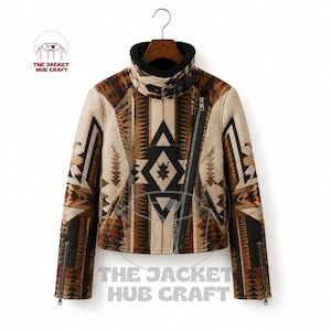 May include: A beige, brown, and black patterned jacket featuring a geometric print, a high collar with a black buckle strap, and a diagonal front zipper. The jacket has long sleeves with zippered cuffs and is labeled THE JACKET HUB CRAFT.