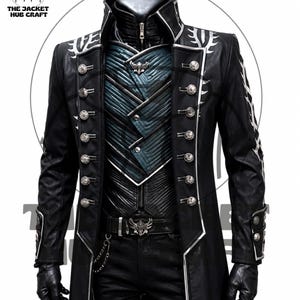 May include: Black leather coat with silver accents, decorative buttons, and a high collar. The coat features a blue and black panel design on the chest and a detailed belt. The Jacket Hub Craft logo is in the top left corner.