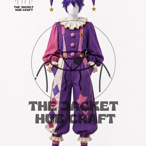 May include: A purple and pink clown costume with a matching wig and hat. The costume features a ruffled collar, suspenders, and diamond-patterned accents. The text "THE JACKET HUB CRAFT" is visible.