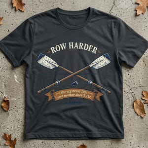 May include: Dark gray t-shirt with the text "ROW HARDER" above a crossed oars design. The oars are brown and white. A banner below the oars reads "the erg never lies, and neither does 5 AM."