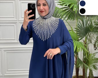 Elegante abaya-jurk met kralen – dubbele crêpe maxi-jurk, bescheiden avondkleding met lange mouwen
