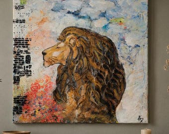 Shema Yisrael – Lion of Faith | Original Mixed Media Lion Painting on Canvas | Jewish Spiritual Art | Contemporary Judaica
