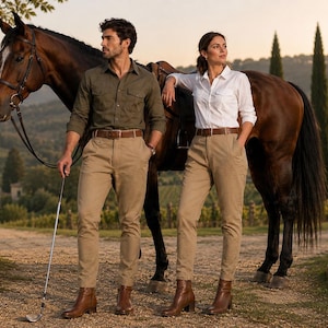 May include: Two individuals wearing long-sleeved button-down shirts in olive green and white, paired with khaki trousers, brown leather belts, and brown leather boots. They stand beside a brown horse with a black saddle in a rural landscape.