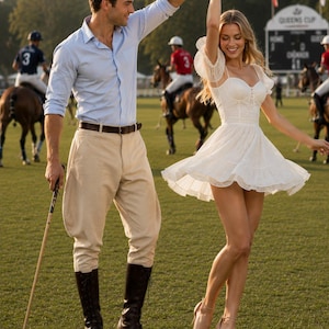 May include: A couple dancing on a polo field. The man wears a light blue button-down shirt, tan breeches, and black riding boots. The woman is in a white dress and strappy heels. Polo players on horseback are in the background.
