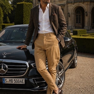 May include: A brown tweed blazer, a crisp white button-down shirt, tan chinos, and dark brown leather loafers. The outfit is paired with dark sunglasses. The ensemble is presented in a clear, professional manner, highlighting the textures of the fabric.