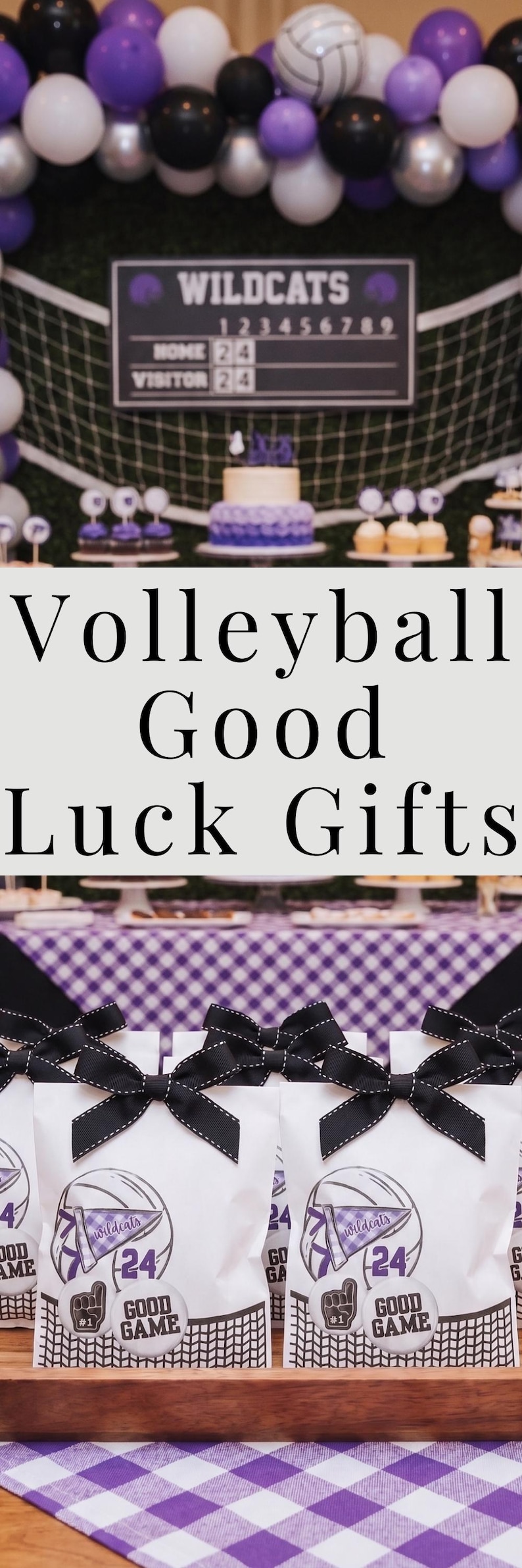 May include: A display of volleyball-themed party decorations and gifts. Includes a scoreboard, balloons, cake, cupcakes, and gift bags with black bows. The text "Volleyball Good Luck Gifts" is visible.
