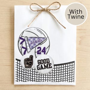 May include: A white gift bag tied with twine, featuring a volleyball design with a purple pennant that says "wildcats" and the number "24". Two round buttons say "#1" and "GOOD GAME". A black net design is at the bottom.