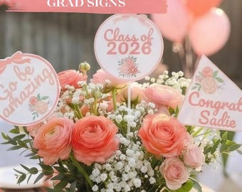 Personalisierte Graduierung Dekoration Mädchen Party Mittelpunkt benutzerdefinierte Design digitale Vorlage druckbare Tischkarte Anzeige Blumenthema rosa
