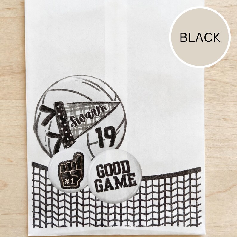 May include: White paper bag with a black and white volleyball graphic, the word "Swarm" on a pennant, and the number 19. Two round buttons read "#1" and "GOOD GAME". A black net design is at the bottom.