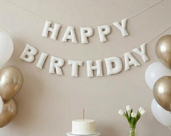 Happy Birthday Banner White Party Celebration Wall Decor Birthday Sign Photo Backdrop Birthday Decorations Reusable Felt Banner Bunting