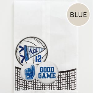 May include: White paper bag with a volleyball design and the word "Ace" on a pennant. Below are two round stickers: one with a foam finger and the text "#1", and another with the words "GOOD GAME". A blue circle with the word "BLUE" is in the upper right corner.