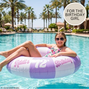 May include: A round, inflatable pool float featuring alternating light purple and white segments. The float displays the white text Addi's 12th Birthday. A circular badge in the upper right corner contains the text FOR THE BIRTHDAY GIRL.