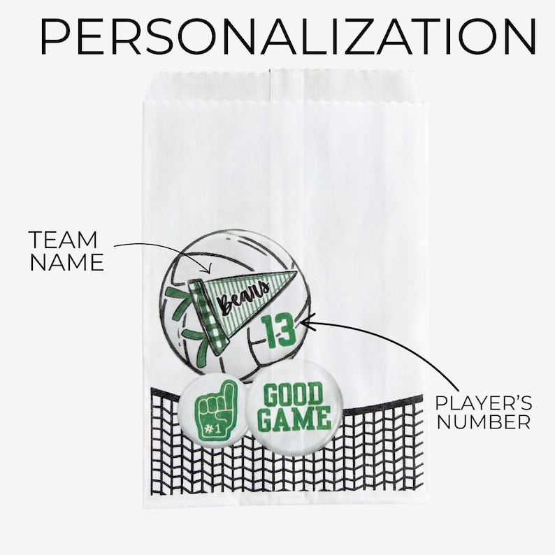 May include: White paper bag with a volleyball graphic, the word "Bears" on a pennant, and the number 13. The bag also features a "Good Game" button and a foam finger graphic. The word "PERSONALIZATION" is at the top.