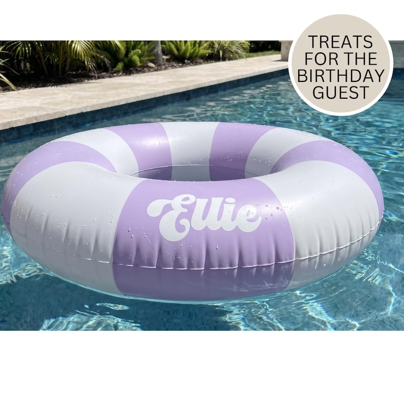 May include: A circular inflatable pool float featuring alternating lavender and white stripes. The name Ellie is printed in white script on one of the lavender sections. A circular badge in the upper right corner displays the text TREATS FOR THE BIRTHDAY GUEST.
