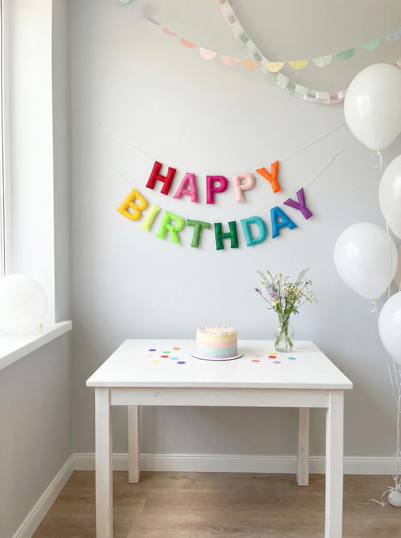 May include: A birthday party setting featuring a white table, a rainbow cake, and a colourful "HAPPY BIRTHDAY" banner. White balloons and confetti enhance the celebratory feel. A vase of flowers is on the table.