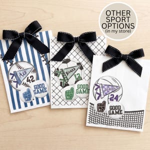 May include: Three gift bags with black bows. Each bag features a different sports theme: baseball, soccer, and basketball. Each bag has a pennant with a team name and number, and a "Good Game" button.