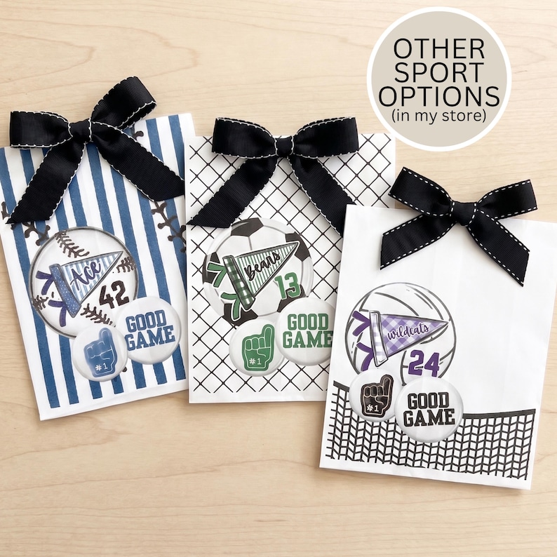 May include: Three gift bags with black bows. Each bag features a different sports theme: baseball, soccer, and basketball. Each bag has a pennant with a team name and number, and a "Good Game" button.