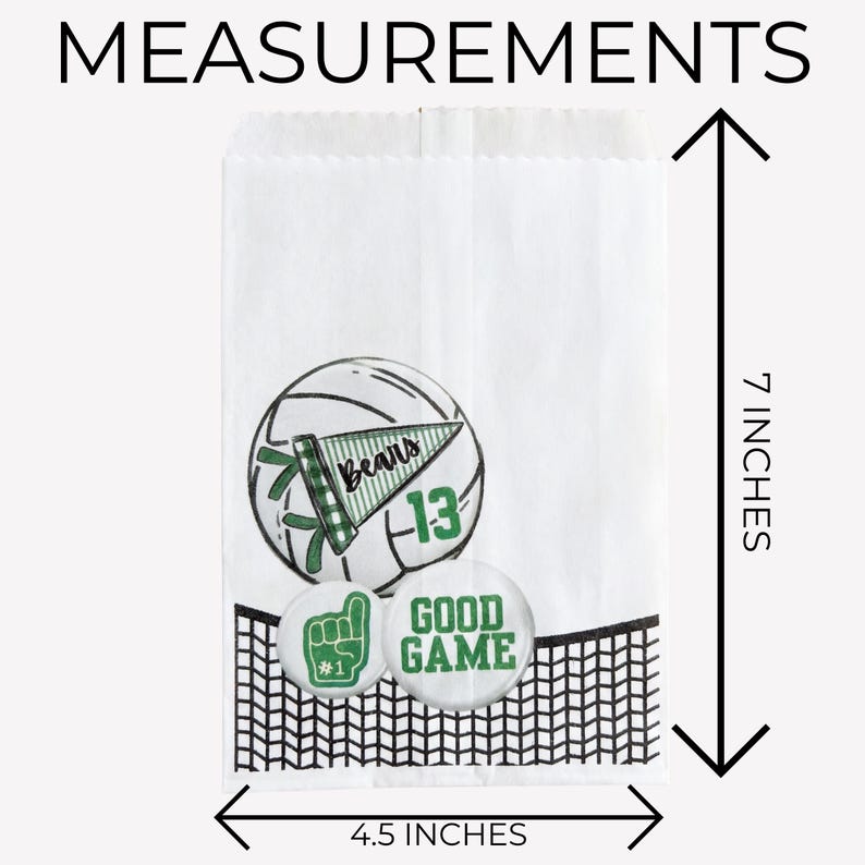 May include: White paper bag with a volleyball design, the word "Bears" and the number "13". The bag is 7 inches tall and 4.5 inches wide. The bag also has the words "Good Game" and a foam finger graphic.