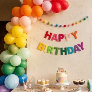 May include: A vibrant birthday celebration featuring a rainbow balloon arch, a 'Happy Birthday' banner, and a cake. The balloons are in shades of orange, yellow, green, blue, pink, and red. A cake with a rainbow design is on a white cake stand.