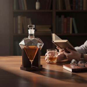 Diamond Whiskey Decanter with Wooden Stand | 850ml Luxury Liquor Decanter | Gift for Men Dad Husband Bar Decor