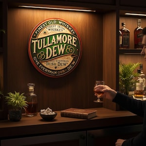 Puede incluir: Un letrero redondo de estilo vintage para el whisky irlandés Tullamore D.E.W., en rojo y verde. Una persona sostiene una copa de whisky. El letrero está sobre una barra con botellas.