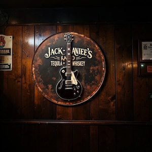 Vintage Guitar & Tequila Metal Wall Sign | Retro Country Music Bar Decor | Rustic Tin Garage Pub Wall Art