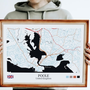 Mapa minimalista de Poole impresso – Arte de parede moderna de Dorset, pôster de rua da cidade do Reino Unido