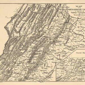 Vintage Map Map of the Shenandoah Valley, to Illustrate the Valley Campaign of Stonewall Jackson, 1862 1880
