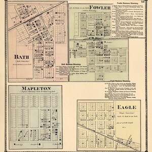 May include: A historical map page featuring four distinct town layouts labeled Bath, Fowler, Mapleton, and Eagle. Each section includes grid-based street plans, property divisions, and business directories with text lists of local merchants and tradespeople.