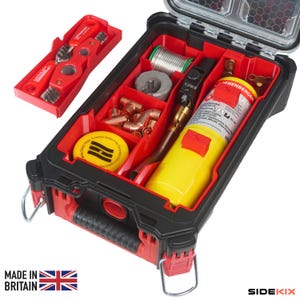 May include: A black and red plastic tool case with a clear lid, containing a yellow Rothenberger gas canister, copper pipe fittings, a grey pipe cutter, a spool of solder, and a red tray with wire brushes. The case features a sturdy handle.