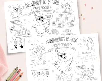 One Silly Goose Coloring Placemat | One Silly Goose Birthday Party Placemat | Silly Goose Birthday Theme Activity Colouring Sheet