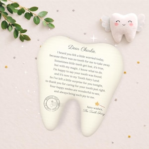 May include: A tooth-shaped card featuring the text: Dear Charlie, I heard you felt a little worried today, because there was no tooth for me to take away. Sometimes little teeth get lost, it's true, but with my magic, I know what to do. Fairy wishes, The Tooth Fairy.